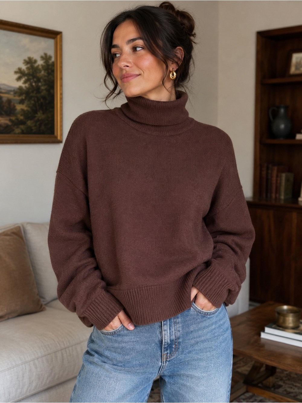 CAARA Women's Cowl Neck Wool Sweater in Rich Brown